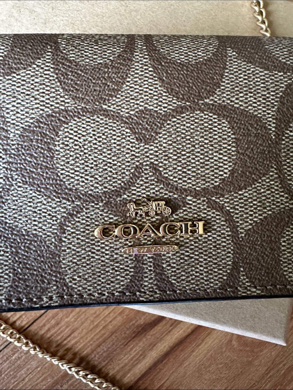 Coach Mini Wallet Card Holder in Brown Signature Canvas on Gold Chain Strap - Picture 2 of 6